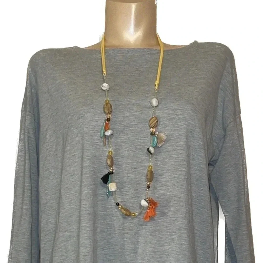 Women’s necklace Boho bouquet long charm chord stone feather handmade yellow tan